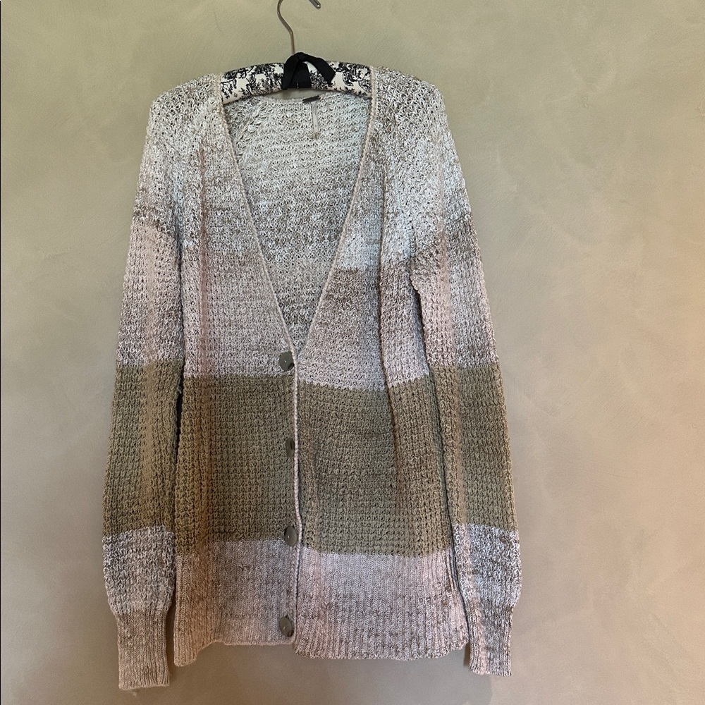 Free people crochet beige green tan cardigan with 4 buttons size Large .